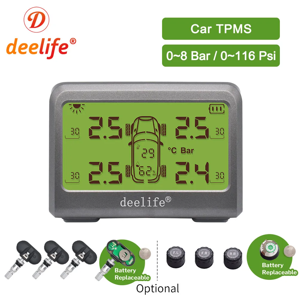 Deelife TPMS Solar Car Tire Pressure Monitoring System 0-8 Bar TMPS Wheel Tyre Internal External Sensor